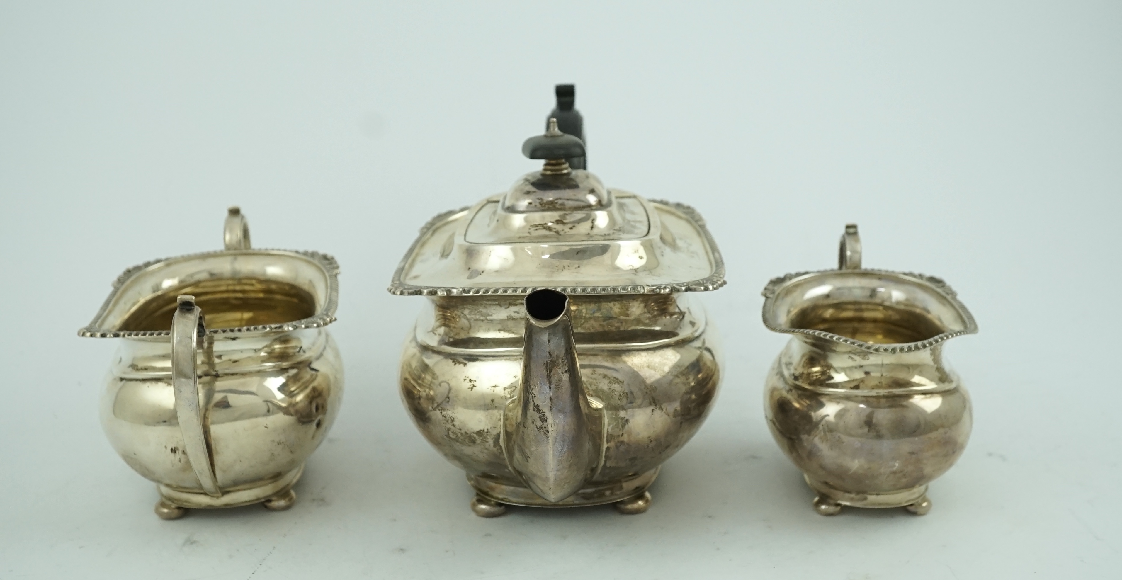 A George VI silver three piece tea set, by George Howson